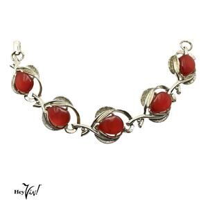 Vintage Red Cabochon Thermoset Bracelet Silver Tone Leaf Design 7.25" - Hey Viv